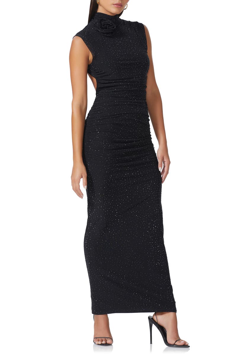 AFRM Germain Rosette Rhinestone Embellished Cutout Maxi Dress, Alternate, color, Noir