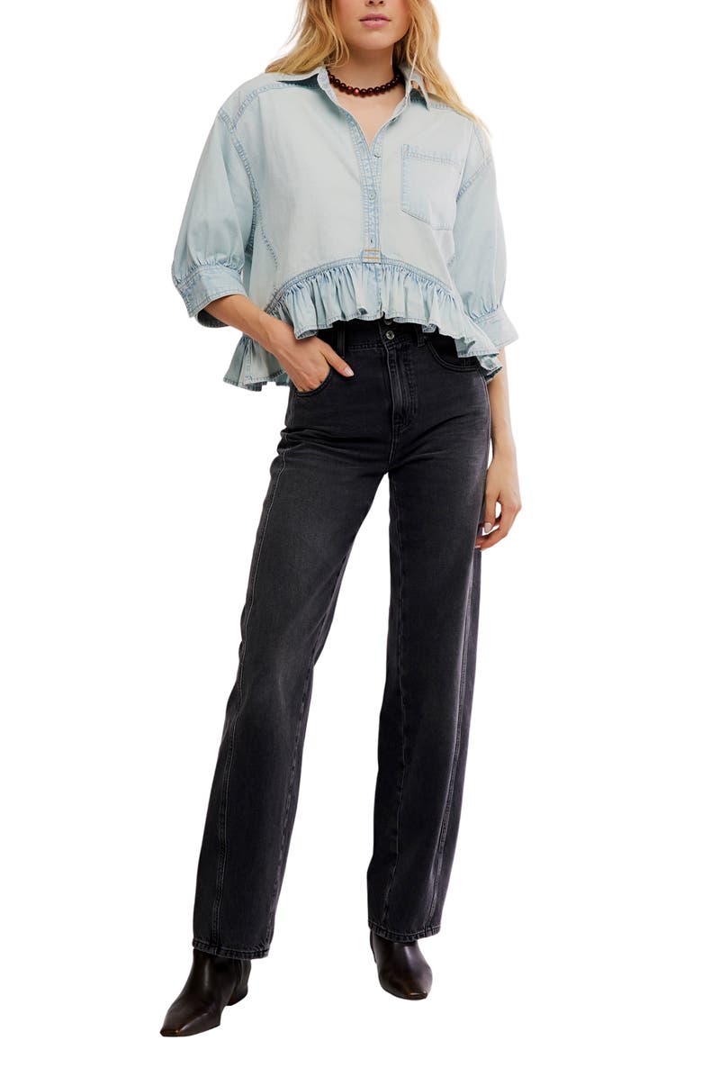 Free People Bailey Denim Crop Peplum Top, Alternate, color, Light Tint Wash