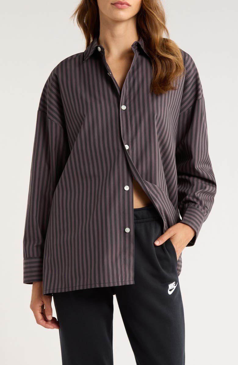 Nike Sportswear Stripe Button-Up Shirt, Main, color, Black/ Thunder Grey/ Black