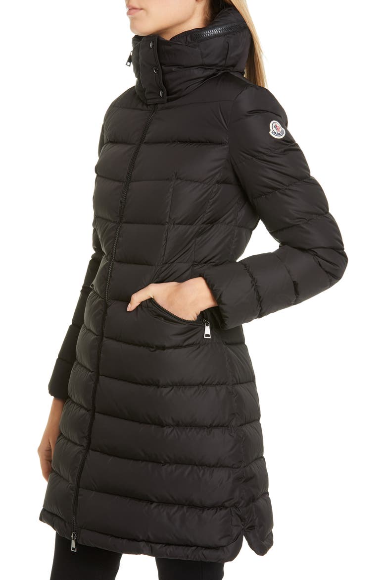 Flammette Water Repellent Long Hooded Down Coat, Alternate, color, BLACK