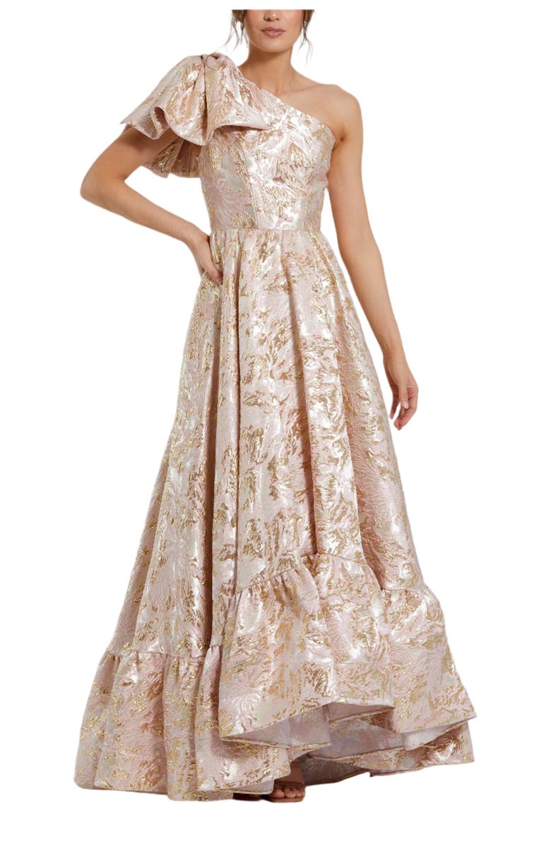 Mac Duggal Floral Brocade One Shoulder High Low Gown With Bow, Main, color, Pink Multi