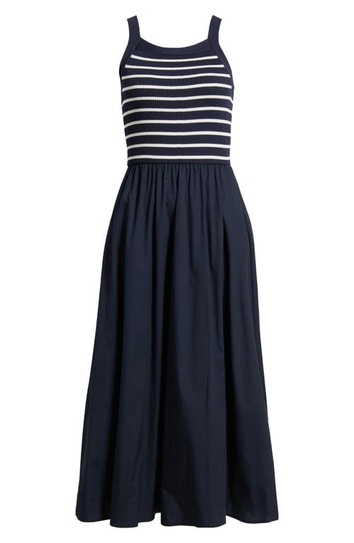 Moon River Stripe Bodice Mixed Media Midi Dress In Navy