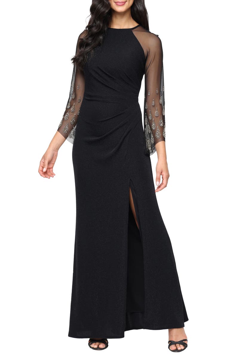 Alex Evenings Metallic Long Sleeve Gown, Main, color, Black Gold
