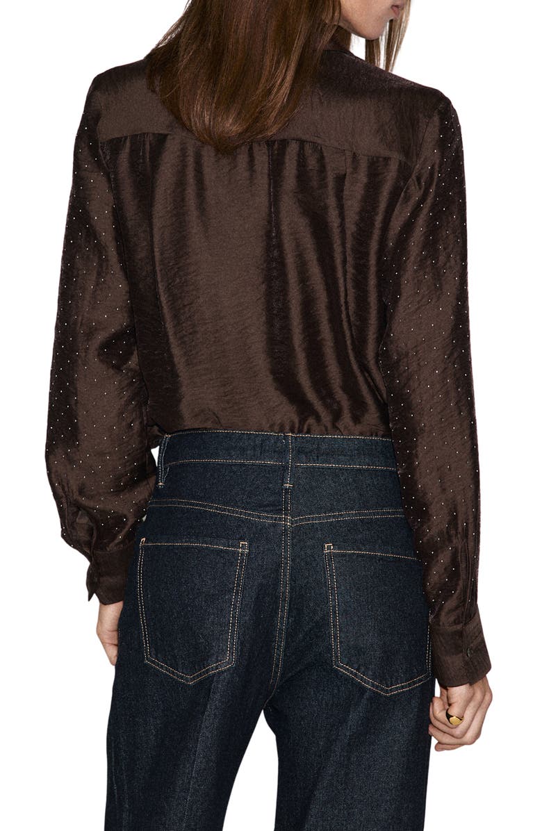 MANGO Rhinestone Satin Button-Up Shirt, Alternate, color, Brown