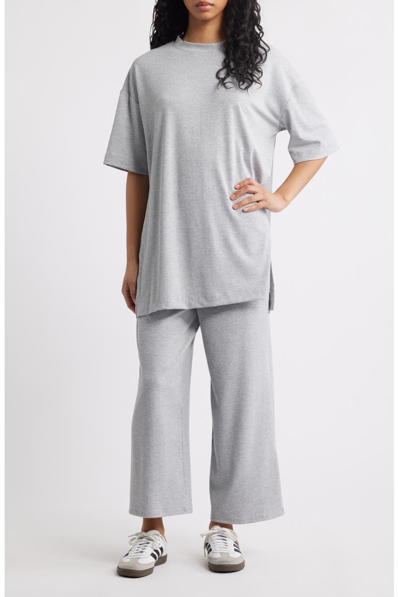 Lex Ribbed Oversize T-Shirt & High Waist Crop Pants Set, Main, color, HEATHER GREY