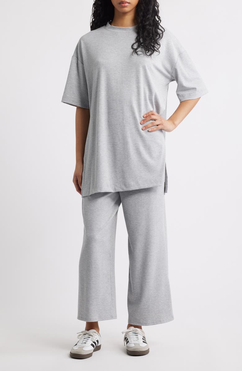 Dressed in Lala Lex Ribbed Oversize T-Shirt & High Waist Crop Pants Set, Main, color, Heather Grey