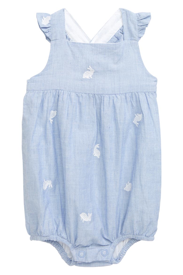 Bunny Embroidered Woven Bubble Romper, Main, color, BLUE END ON END BUNNIES