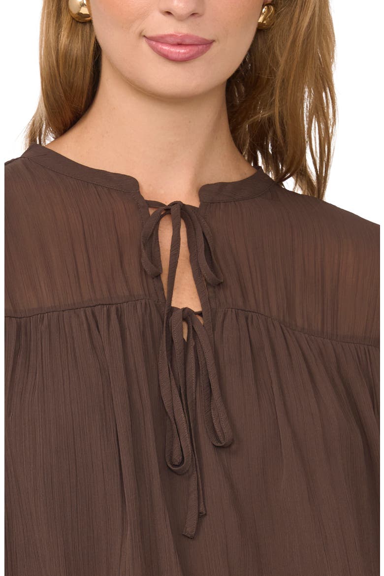 Tie Neck Bubble Hem Top, Alternate, color, RICH CHOCOLATE
