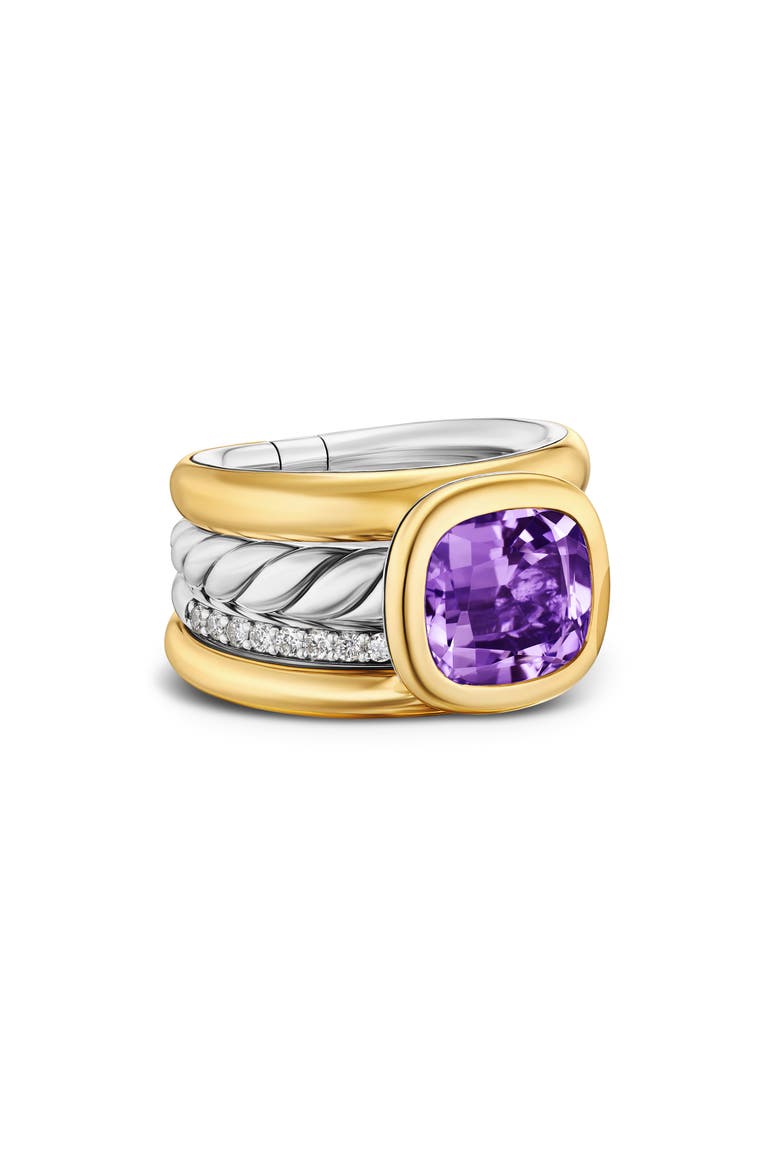DY Mercer® Four Row Stone Ring in Sterling Silver with 18K Yellow Gold, Amethyst & Diamonds, 14mm, Alternate, color, AMETHYST