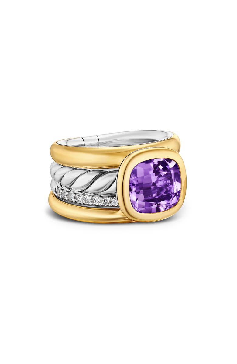 David Yurman DY Mercer<sup>®</sup> Four Row Stone Ring in Sterling Silver with 18K Yellow Gold, Amethyst & Diamonds, 14mm, Alternate, color, Amethyst