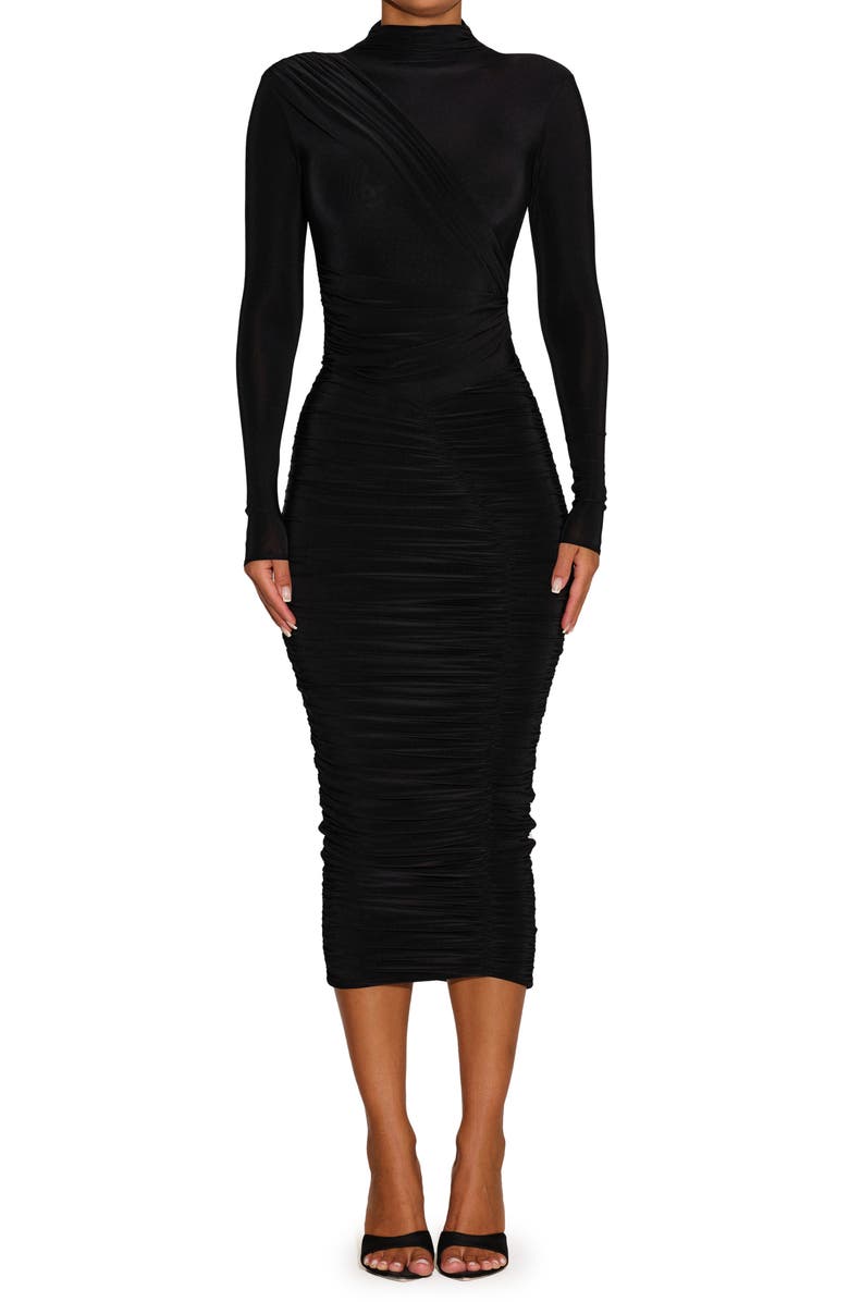 Naked Wardrobe Drama Ruched Long Sleeve Ribbed Body-Con Bodysuit, Alternate, color, 