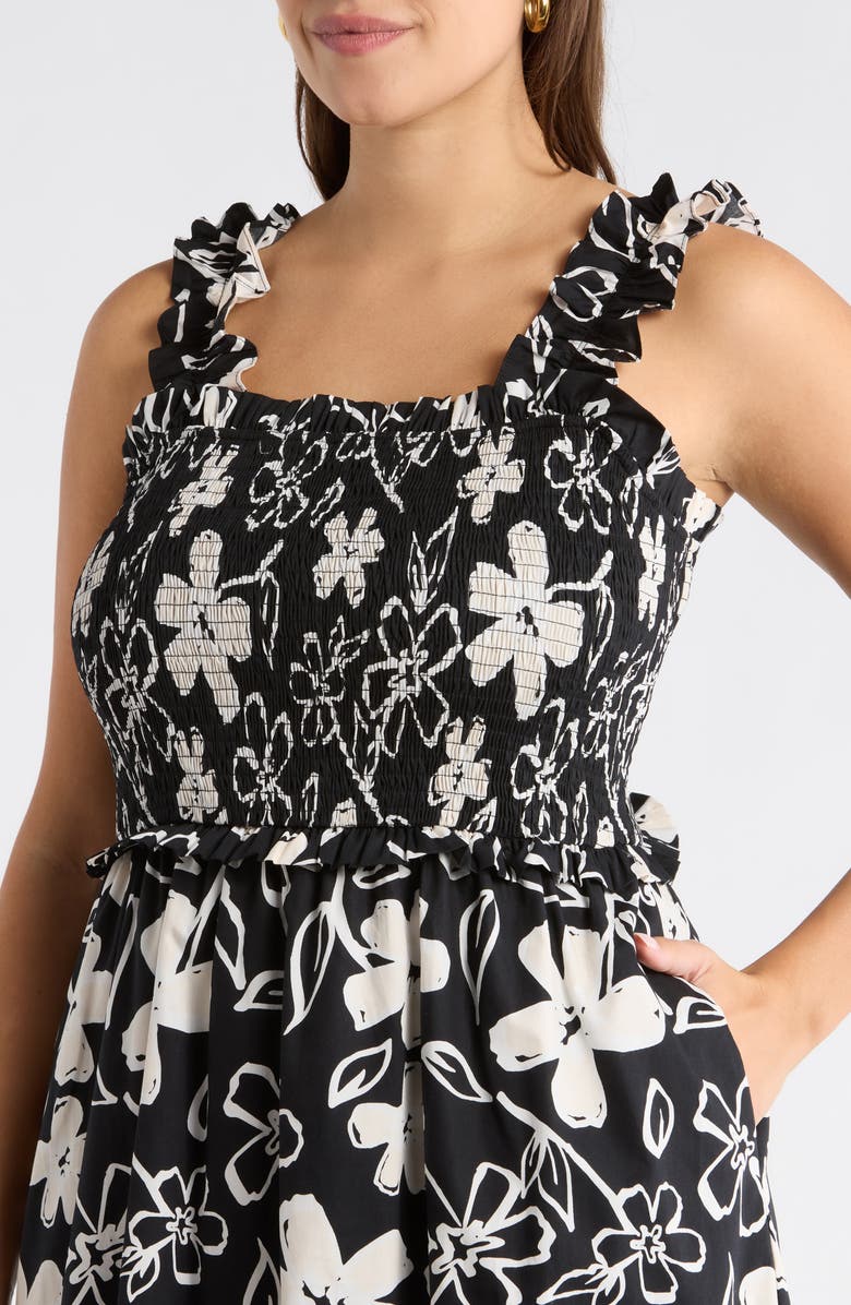 SUGARLIPS Kianza Floral Ember Smocked Midi Dress, Alternate, color, Black-White