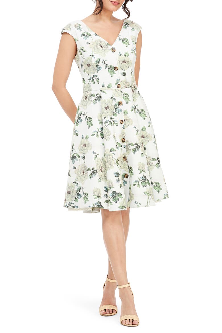 Lilly Button Detail Fit & Flare Dress, Main, color, GREEN MULTI