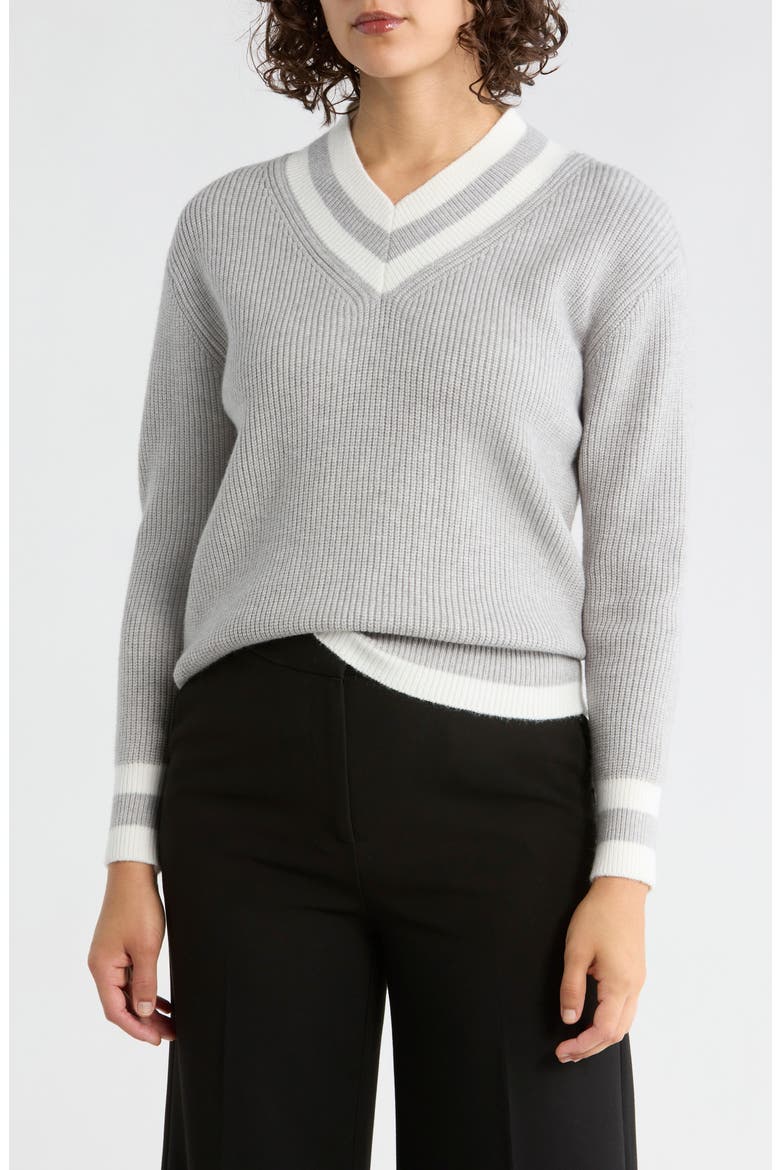 Varsity Stripe V-Neck Sweater, Main, color, HEATHER GREY/ CREME