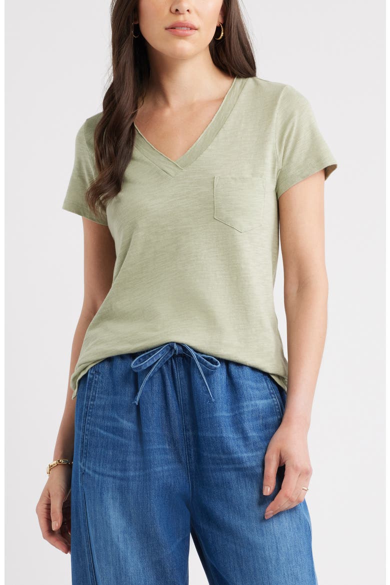 Cotton & Modal V-Neck T-Shirt, Main, color, GREEN CLAY