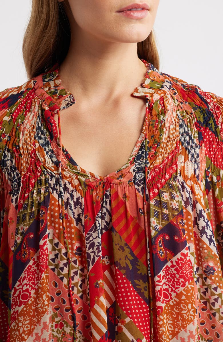 LOVE THE LABEL Meredith Smocked Top, Alternate, color, Patchwork Herringbone Print