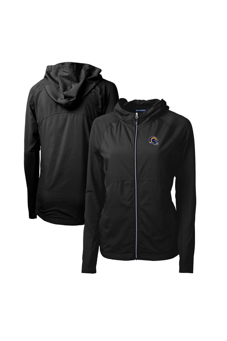 Women's Cutter & Buck  Black Los Angeles Rams Helmet Logo Adapt Eco Knit Hybrid Recycled Full-Zip Hoodie, Main, color, Black
