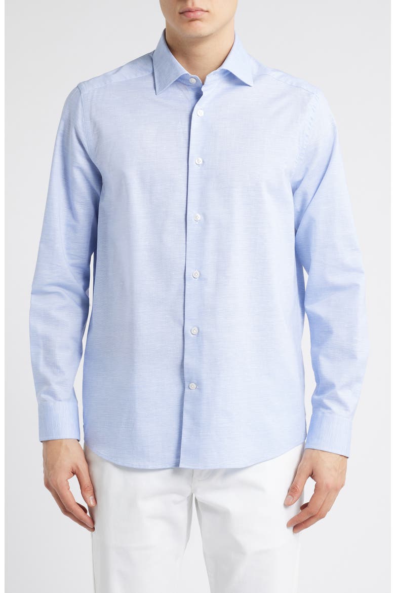 Danforth Stretch Cotton & Linen Blend Dress Shirt, Main, color, BLUE