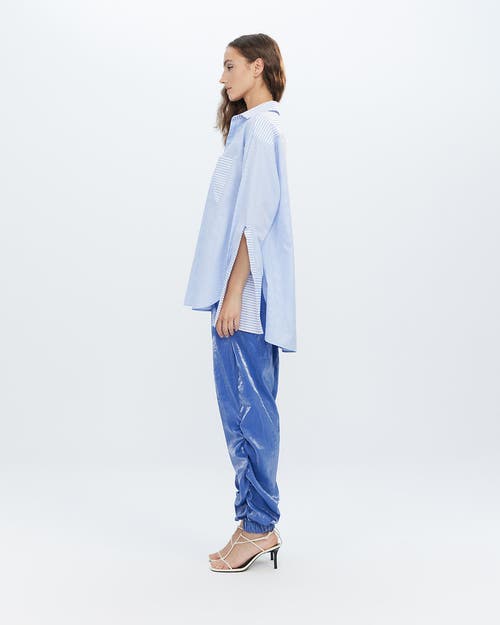 Theo The Label Echo Side Button Boyfriend Stripe Shirt In Sky Blue