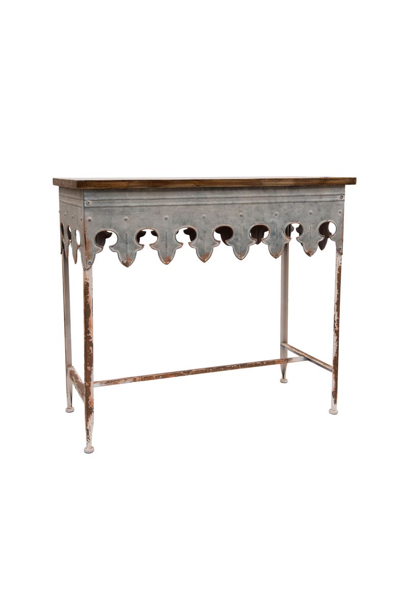 Rustic Farmhouse Metal Console Table with Solid Wood Top, Distressed Grey, Main, color, Silver