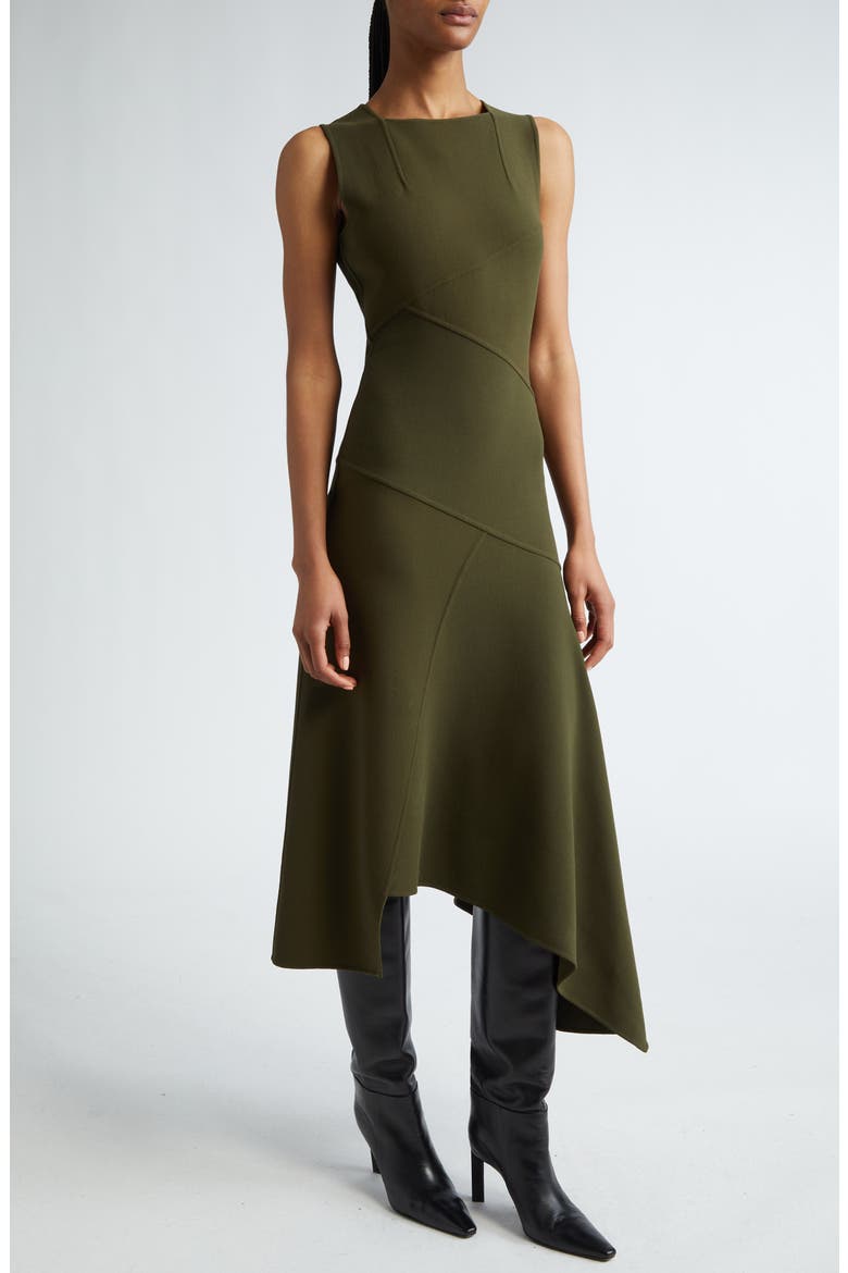 Fitted Sleeveless Asymmetric Wool Knit Midi Dress, Alternate, color, SPRUCE