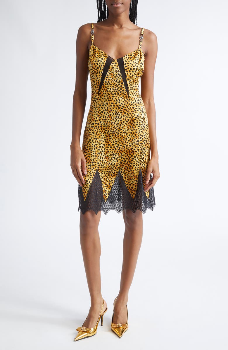 Versace Cheetah Print Silk Cocktail Dress, Main, color, Neutral