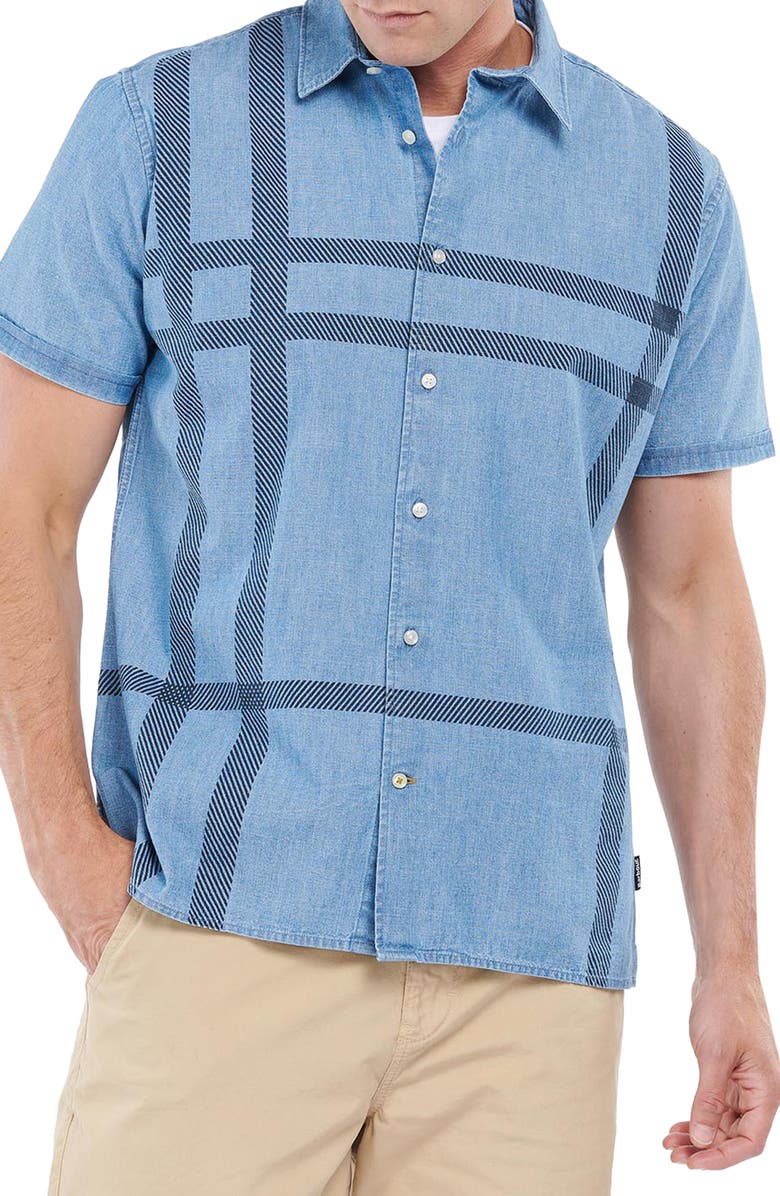 Barbour Men's Shadow Tailored Plaid Short Sleeve Chambray Button-Up Shirt, Main, color,