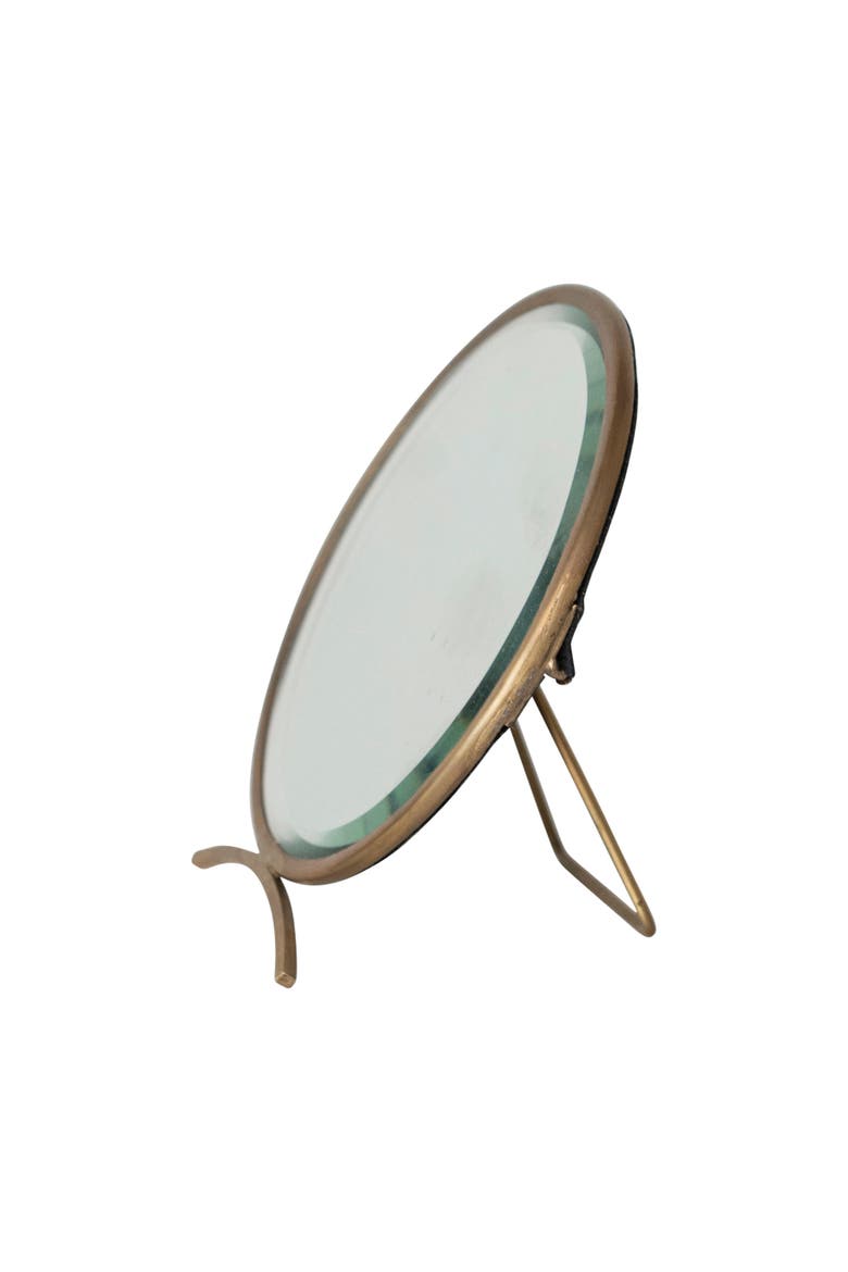 Brass Round Mirror On Stand in Antique Finish, Gold, Main, color, Gold