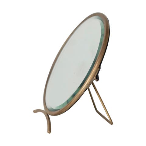 Brass Round Mirror On Stand in Antique Finish, Gold