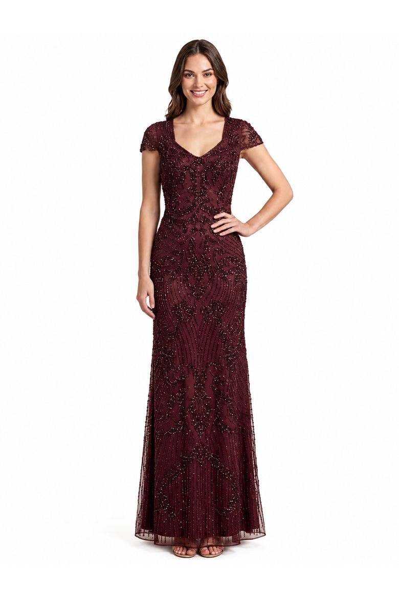 Beaded Cap Sleeve Gown, Alternate, color, Wine