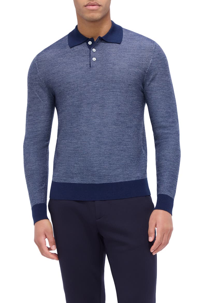 Bird's Eye Jacquard Merino Wool & Silk Polo Sweater, Main, color, NAVY