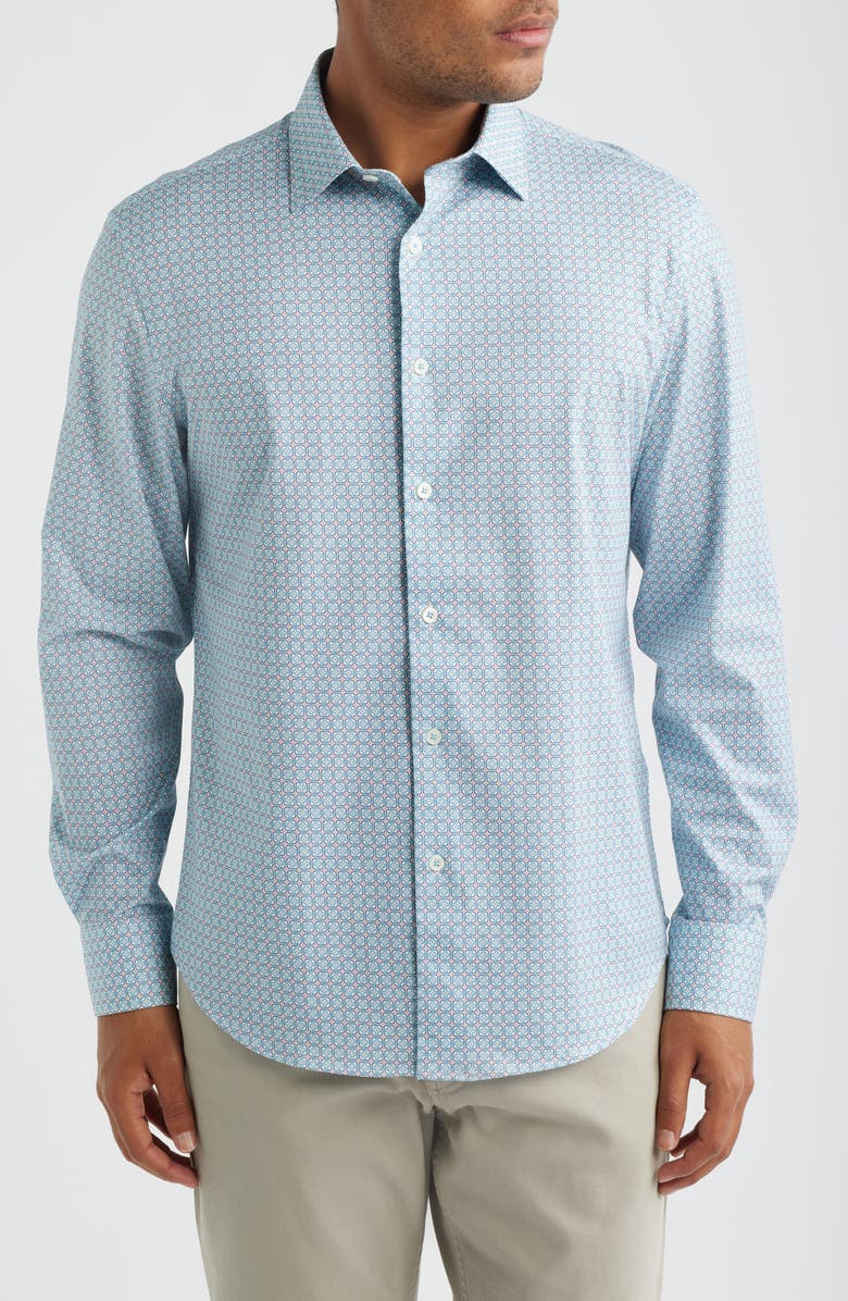 Bugatchi James OoohCotton<sup>®</sup> Geo Print Button-Up Shirt, Main, color, Teal