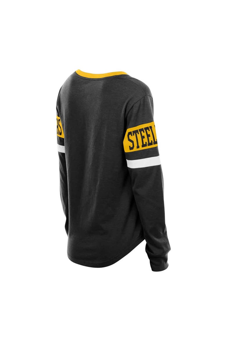 Women's New Era Black Pittsburgh Steelers Plus Size Throwback Lace-Up Long Sleeve T-Shirt, Alternate, color, Black