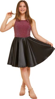 Un Deux Trois Glitter and Satin Racerback Dress in Longer Length