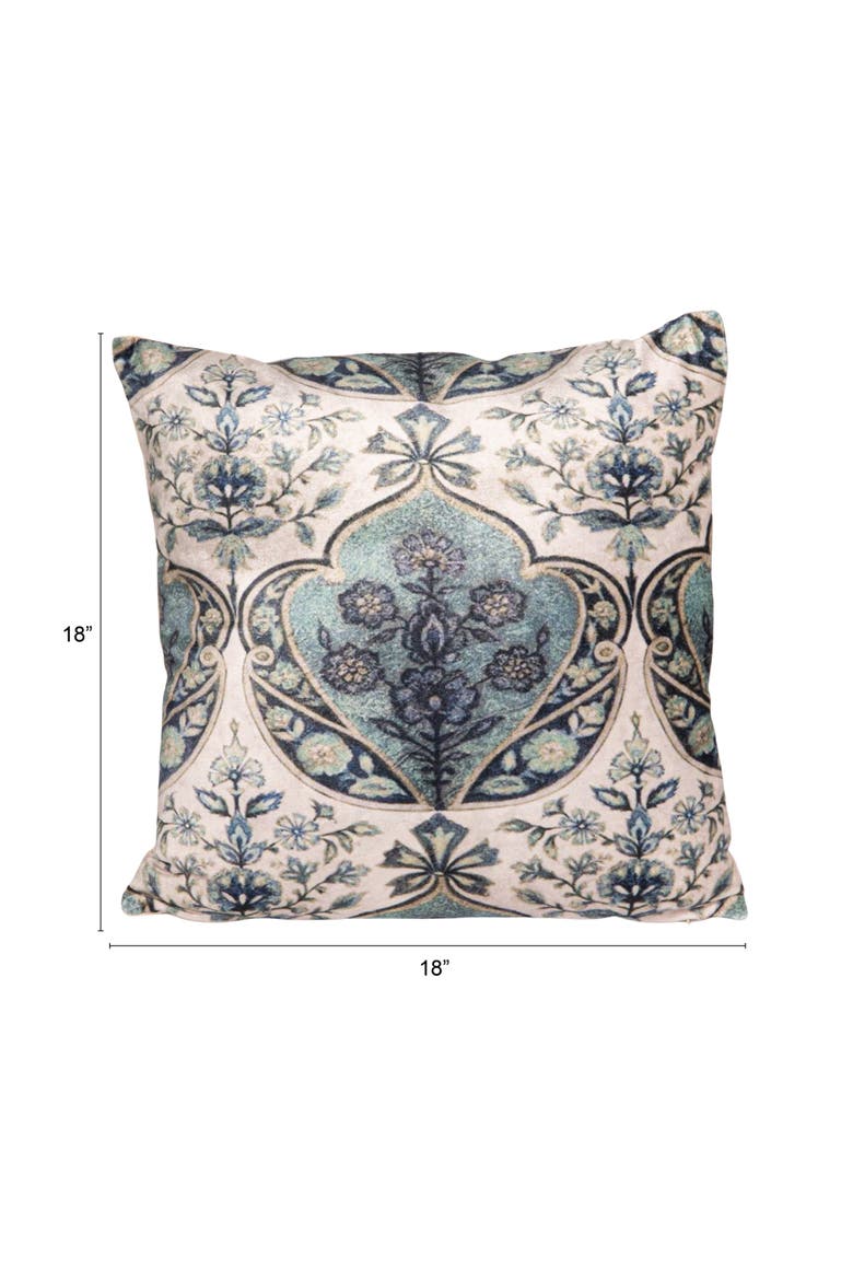 Cotton Blend Velvet Printed Pillow with Floral Pattern, Cream and Blue, Alternate, color, Cream