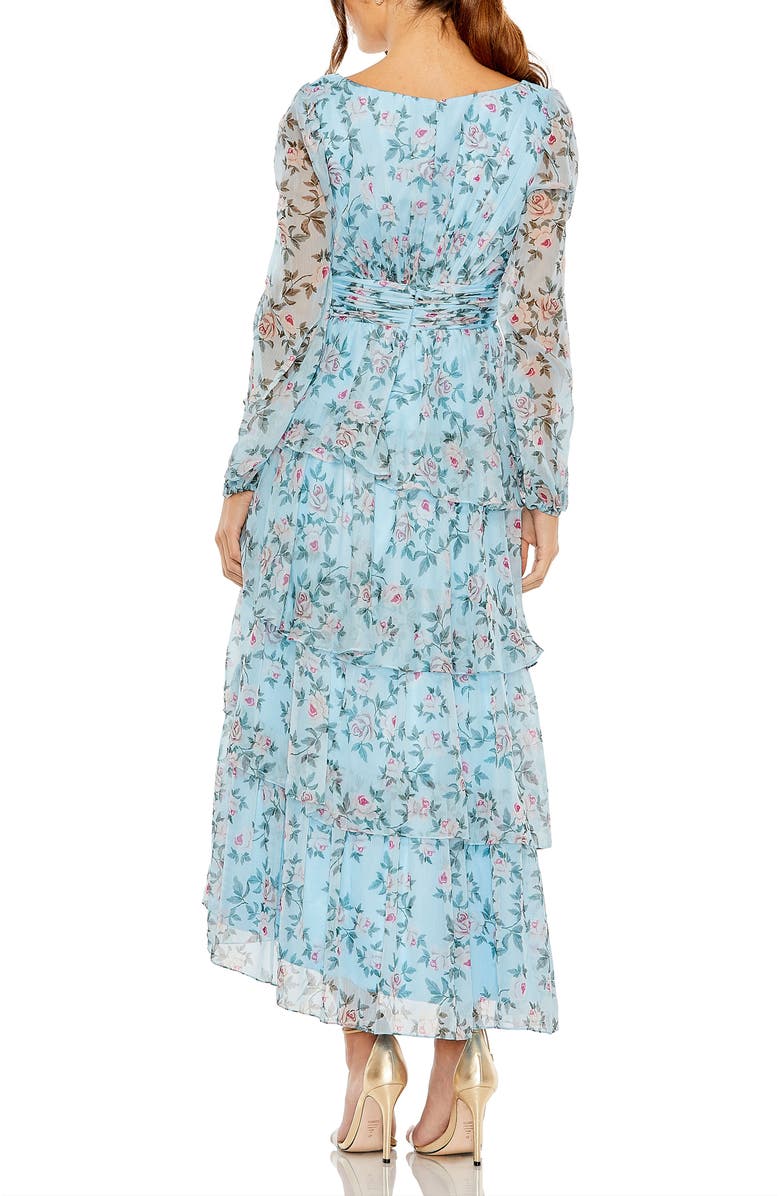 Mac Duggal Puff Sleeve Floral Printed Dress, Alternate, color, Aqua Multi
