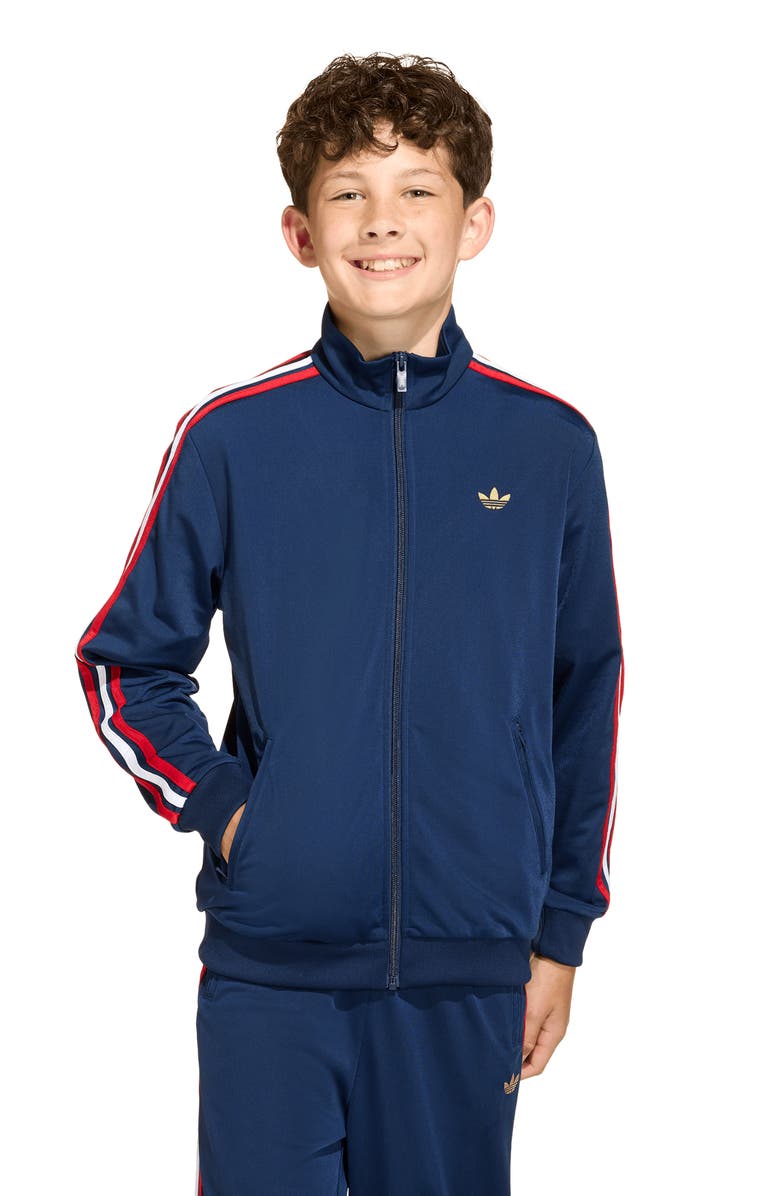 adidas Originals Kids' Firebird Recycled Polyester Track Jacket, Alternate, color, Night Indigo/Dark Football Gold