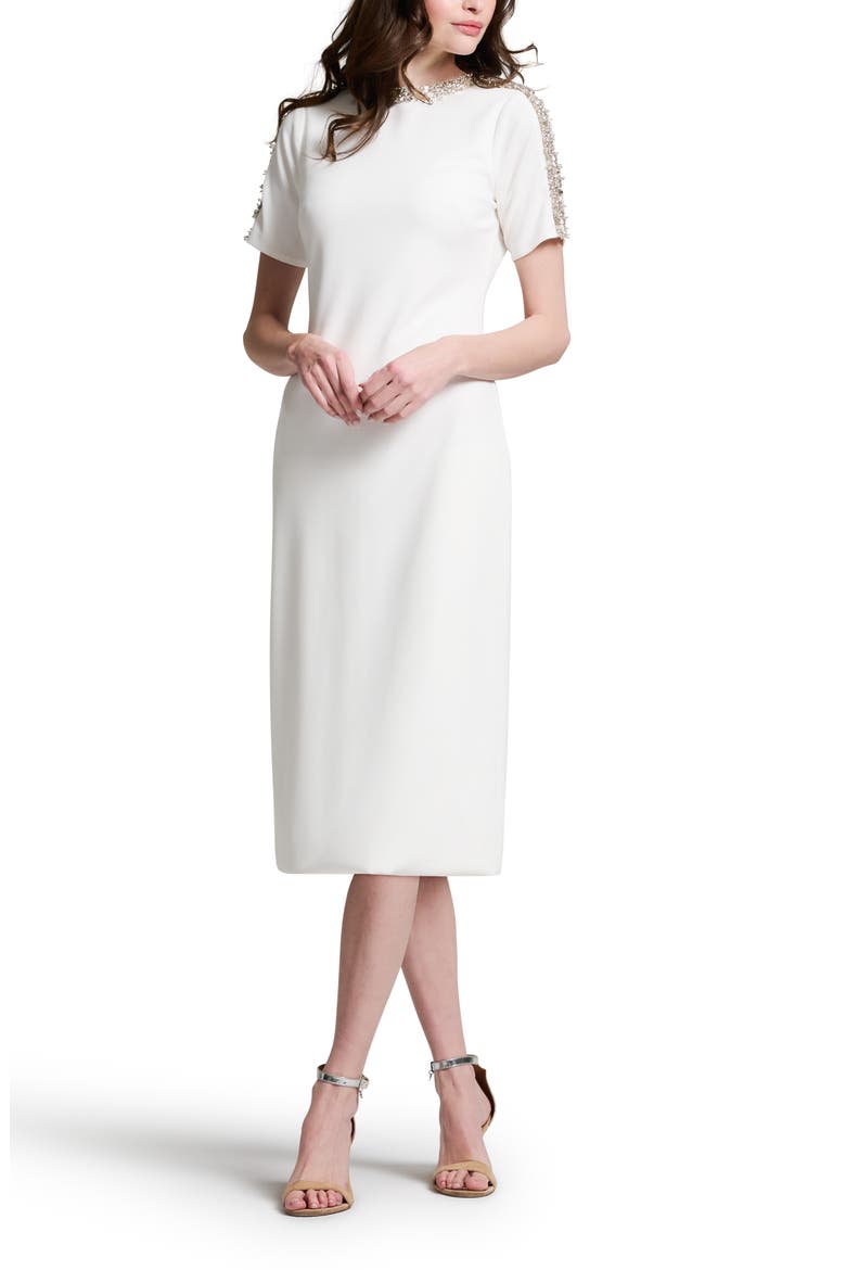 Crystal Bead Detail Crepe Cocktail Midi Dress, Alternate, color, IVORY