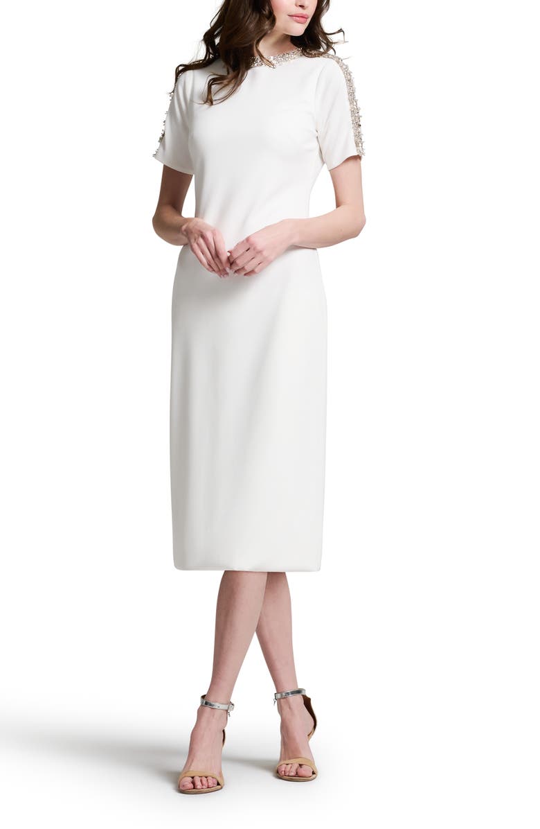 EMILY SHALANT Crystal Bead Detail Crepe Cocktail Midi Dress, Alternate, color, 