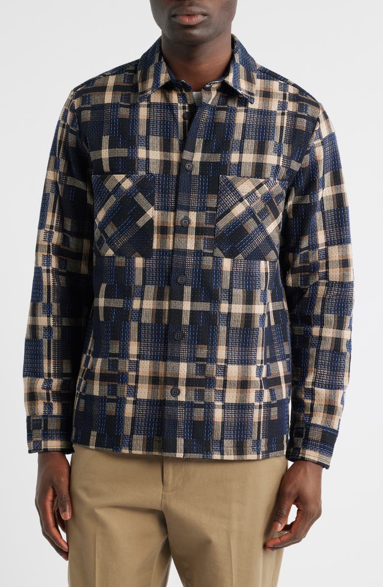 Wax London Whiting Glitch Check Overshirt, Alternate, color, Natural / Navy