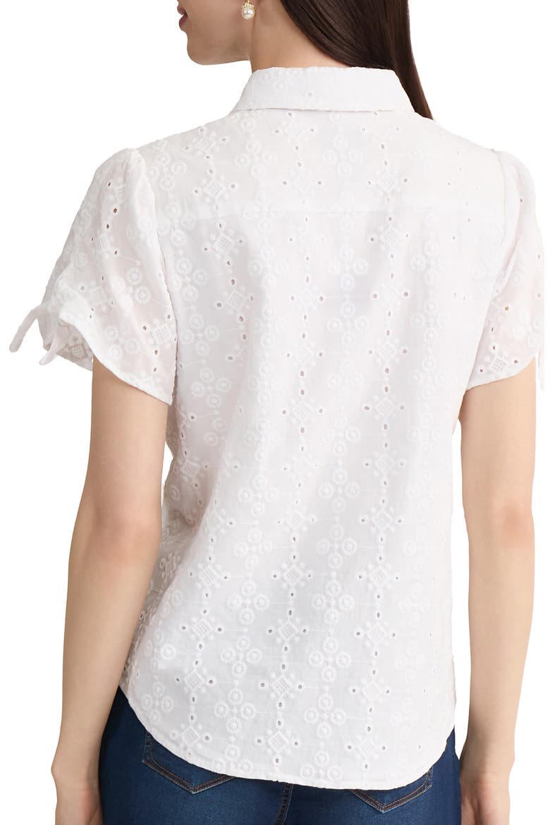 Tie Sleeve Eyelet Embroidered Cotton Button-Up Shirt, Alternate, color, NATURAL WHITE