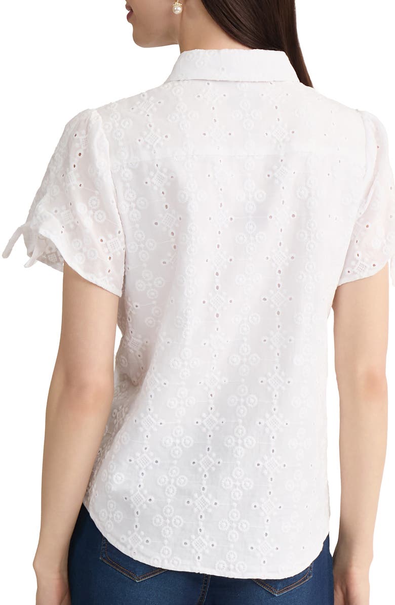 Jones New York Tie Sleeve Eyelet Embroidered Cotton Button-Up Shirt, Alternate, color, Natural White