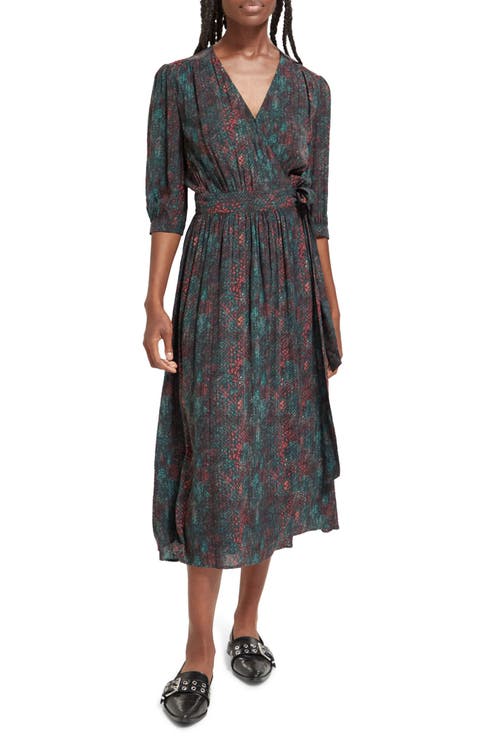Snakeskin Print Faux Wrap Midi Dress