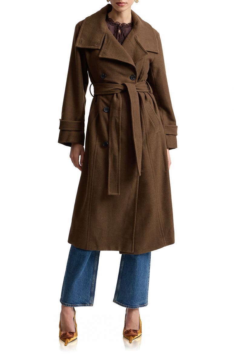 Belted Funnel Neck Herringbone Trench Coat, Main, color, TAWNY