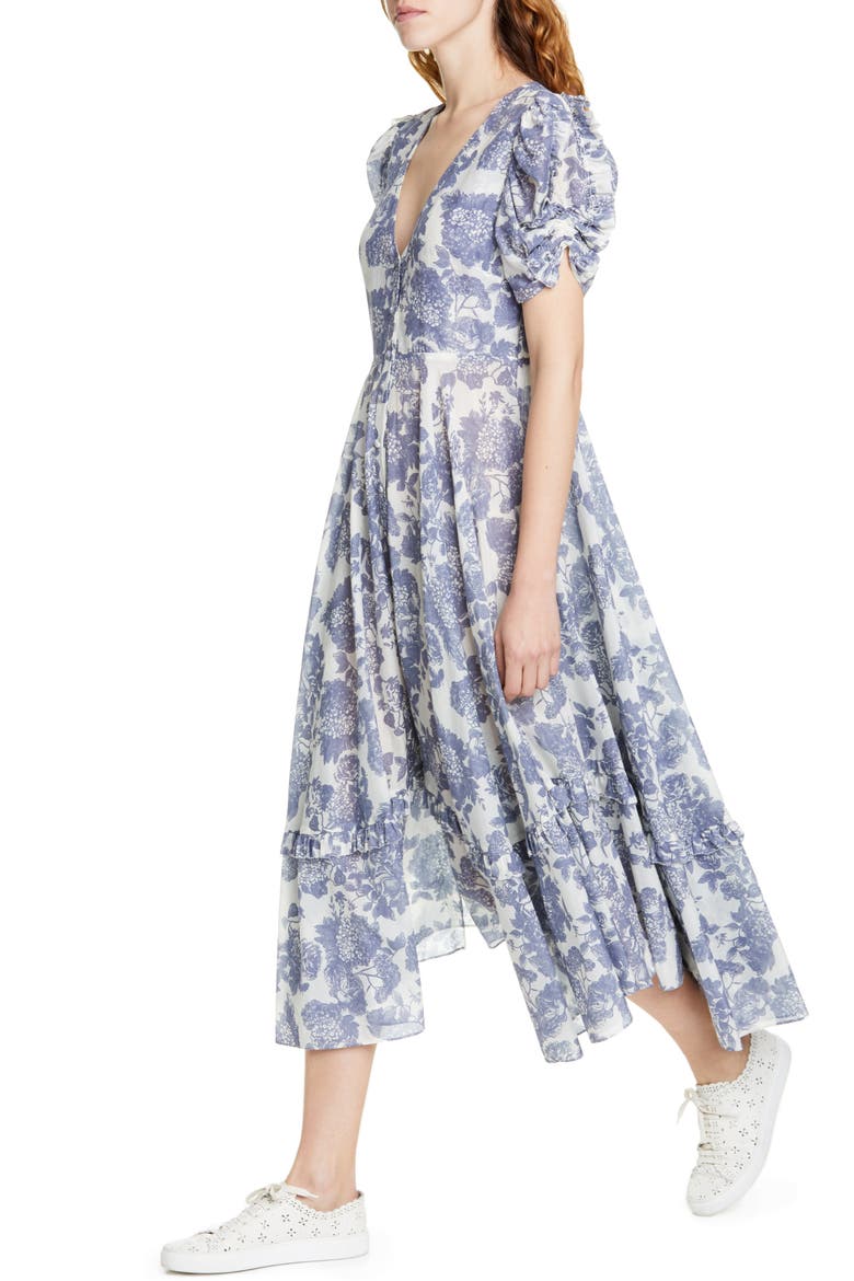 Andie Floral Cotton & Silk Midi Dress, Alternate, color, SEA
