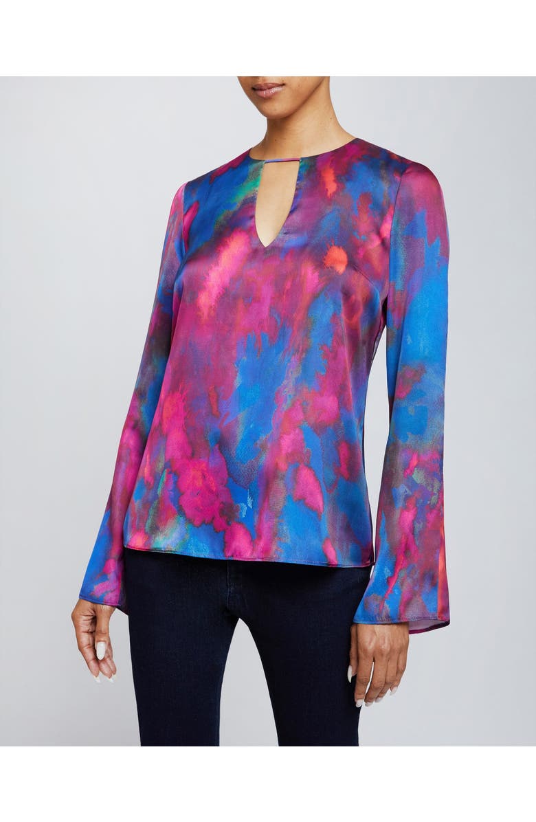 Santorelli NOA Long Sleeve Keyhole Blouse in Abstract Printed Charmeuse, Alternate, color, Magenta Multi