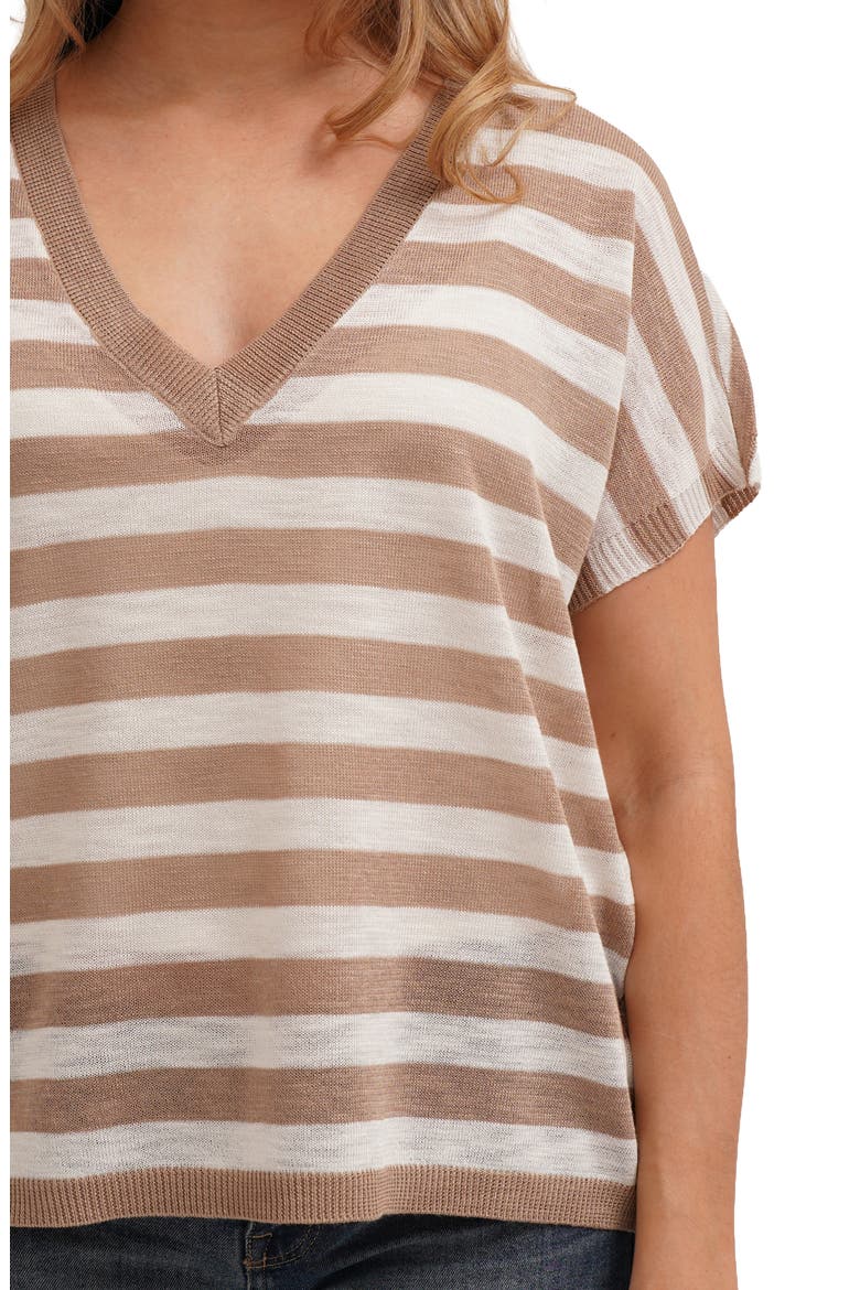 Striped V Neck Cap Sleeve Sweater, Alternate, color, TAUPE/ BONE