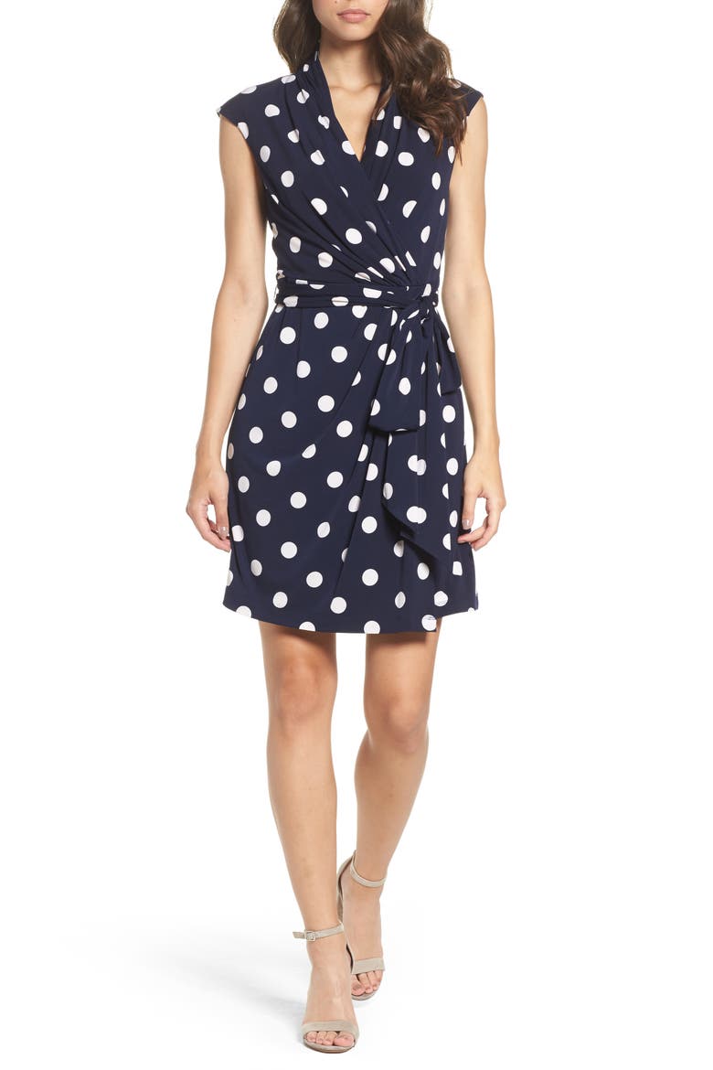 Polka Dot Jersey Faux Wrap Dress, Main, color, NAVY