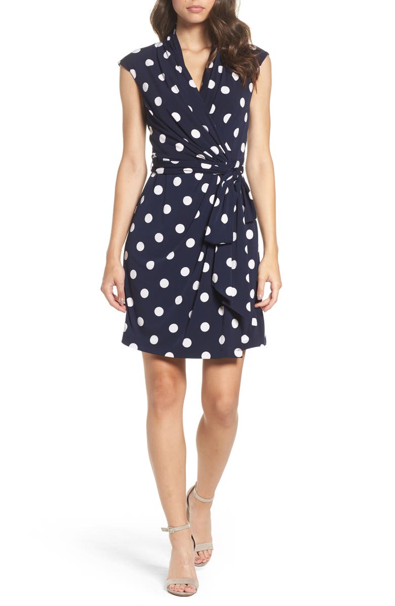 Eliza J Polka Dot Jersey Faux Wrap Dress, Main, color, 