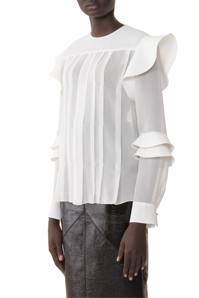Flounced Blouse In Silk Georgette, Alternate, color, Off White